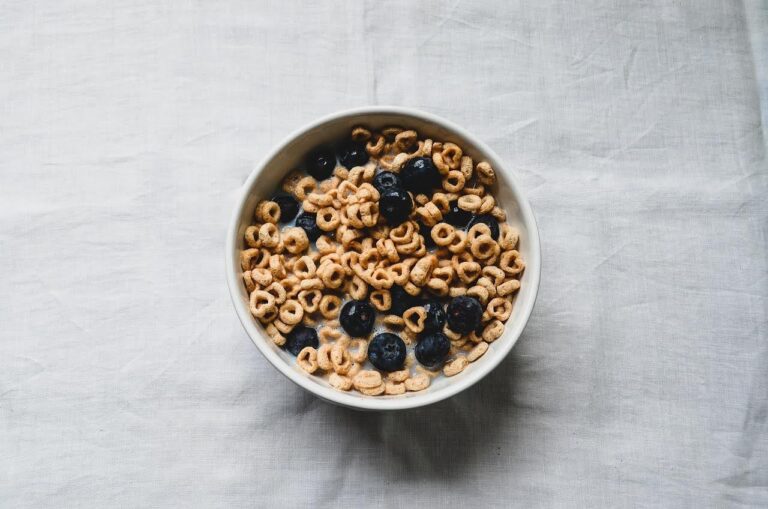 Bowl of oat cereal with blueberries and milk