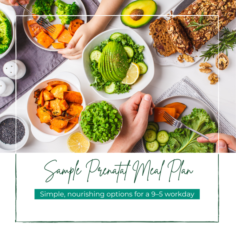 Various healthy foods as part of a balanced prenatal meal plan